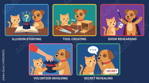 Dog and cat characters demonstrate various stages of practicing magic tricks, including studying illusions and revealing a secret.
