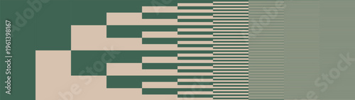 Green and Beige blocks with rhythmic transition from massive geometric shape to fine lines, Minimalist optical illusion pattern in flat brutalism aesthetics, Abstract binary tree or data structure