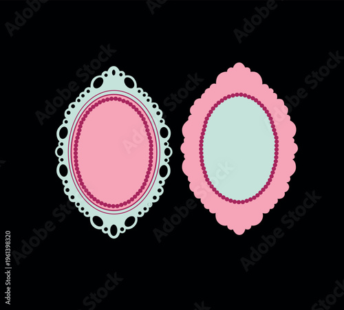 Vintage ornate oval frames set on black background, victorian style pink and blue borders, coquette aesthetic decorative elements vector