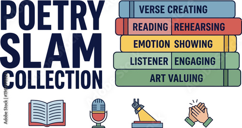 A tall stack of colorful books illustrates various components associated with a poetry slam event collection.