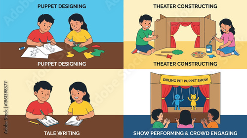 Children engage in four sequential stages of puppet show creation, including design, construction, writing, and performance.