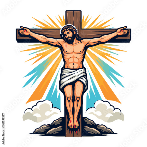Jesus Christ on a wooden cross, radiating light, symbolizing sacrifice, salvation, and devotion in the Christian faith
