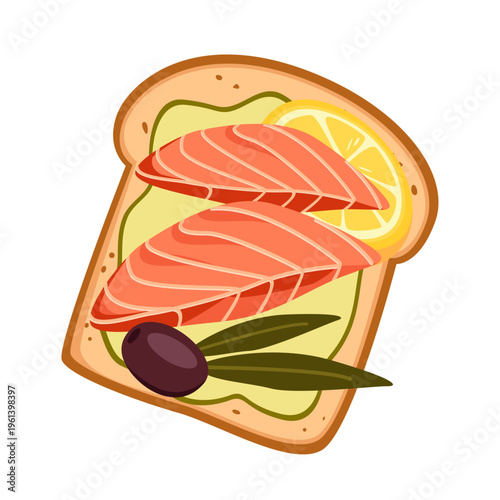 Sandwich with salmon, avocado, lemon and olives. Crispy toast bread with fish. Vector illustration of healthy breakfast isolated on white background.