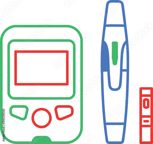 Medical glucose meter and lancet device kit isolated on transparent background for diabetes monitoring