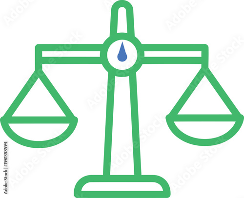 Green line art illustration of justice scales weighing two empty trays isolated on transparent background