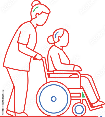 A caregiver is pushing an elderly person sitting in a wheelchair on a transparent background
