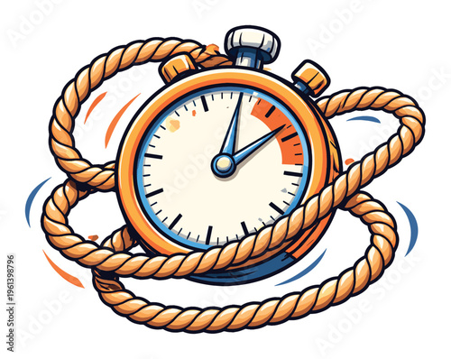 Stopwatch constrained by rope illustrating time pressure, urgent deadlines, and the concept of running out of time