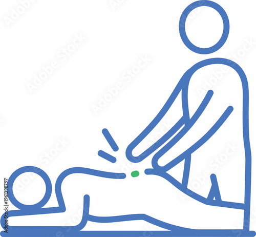 Stylized graphic illustration of one person performing massage therapy on another persons back isolated on transparent background