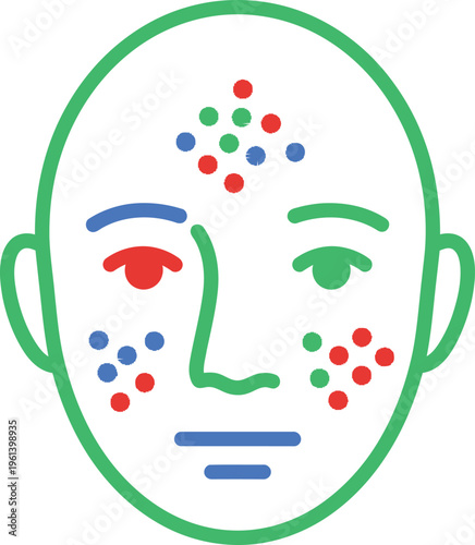 Stylized illustration of a human face with skin imperfections represented by colored dots