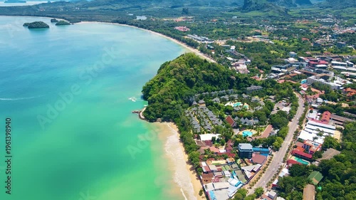 Colorful Beach Panorama. Aerial View Showing Krabi Beach With Lively Businesses And Vibrant Rooftops