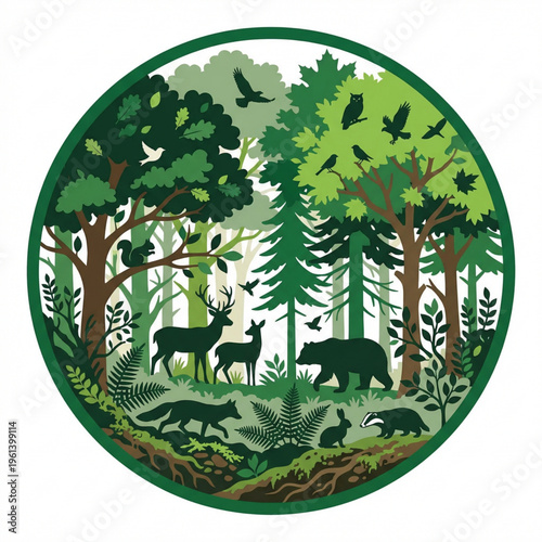 Forest landscape with wild animals and birds in a circular frame, paper cut style illustration