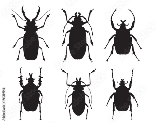 Beetle insect polygonal silhouette logo vector collection. Vector clip art symbols and stickers with ink style outlines. Editable design elements for branding, labels, prints and graphic projects.