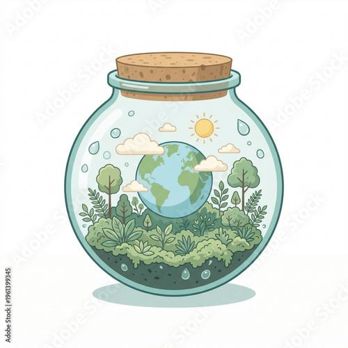 A miniature earth globe inside a glass terrarium jar with lush green plants, clouds, and sun