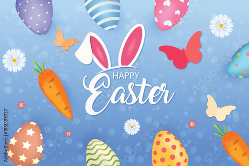 Happy Easter Greeting with Bunny Ears, Decorated Eggs, and Carrots