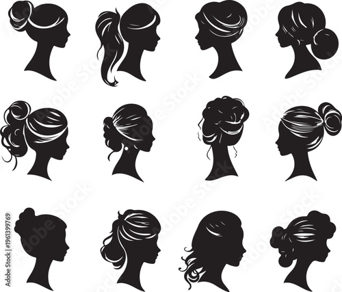 Various Female Hairstyles Silhouette Profiles.