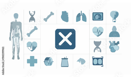 Life and medical icon set with x ray symbol skeleton and healthcare elements in flat style isolated on white
