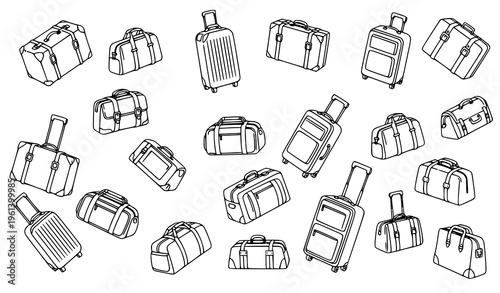 Minimal outline suitcase icons set with travel luggage symbols in clean line style isolated on white
