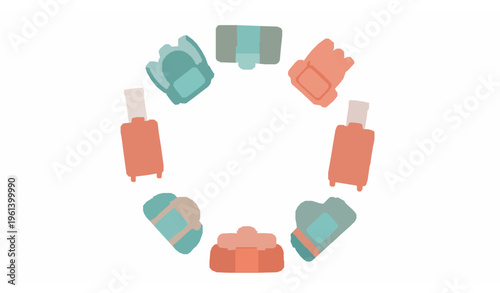 Colorful suitcase icons arranged in circular layout with travel luggage vector collection isolated on white