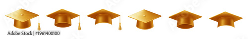 Realistic gold graduate caps set. 3D Graduation Doctoral hat