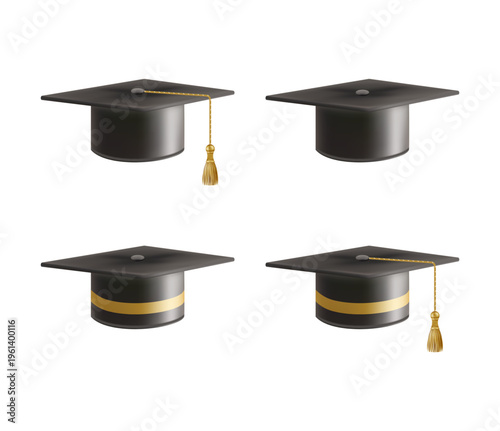 Realistic Black graduate caps set. 3D Graduation Doctoral hat.