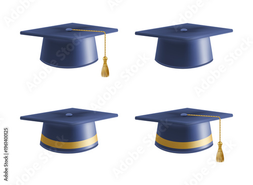 Realistic Blue graduate caps set. 3D Graduation Doctoral hat.