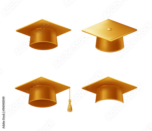 Realistic gold graduate caps set. 3D Graduation Doctoral hat