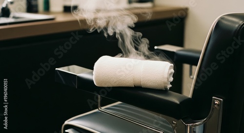 Steamy towel on vintage barber chair in modern barbershop