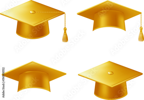 Realistic gold graduate caps set. 3D Graduation Doctoral hat