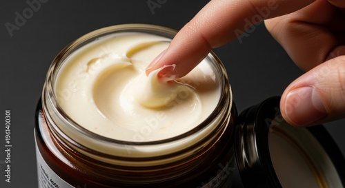 Hand applying moisturizer from glass jar on dark background