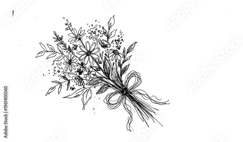 Black and white floral bouquet sketch with ribbon