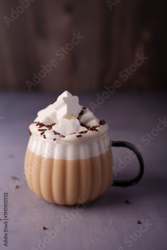 cozy caramel colored coffee cup topped with whipped cream and festive marshmallow snowflakes, sprinkled with chocolate shavings in a warm minimalistic setting, artistic, decorative, rounded, arched