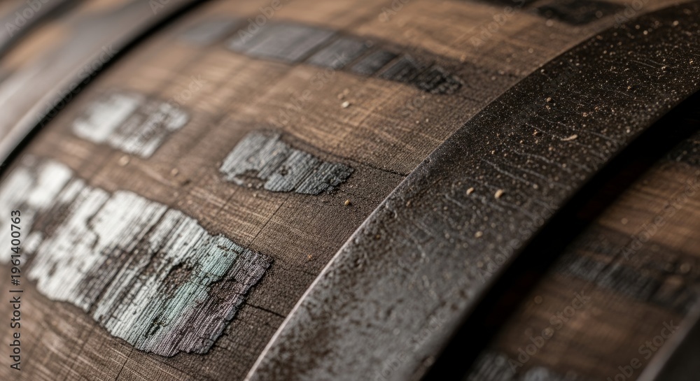 Naklejka premium Close-up of rustic wooden barrel with textured metal bands