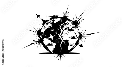 Symbolic illustration of a cracked planet Earth under attack with explosions, tanks, and fighter jets, representing global conflict and war.
