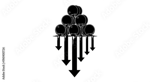 Stack of oil barrels with liquid dripping and large downward arrows, representing oil prices falling, industry decline, or a surplus of crude oil.