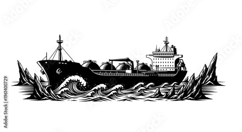 Large cargo ship navigating through rough seas and icebergs, symbolizing challenges in maritime transport, shipping, or oil and gas exploration.