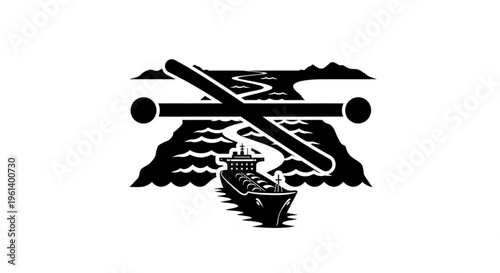 Cargo ship sailing on a winding river through mountains, symbolizing global trade and logistics routes.