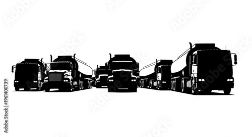 Fleet of tanker trucks lined up, ready for transport and delivery of liquids or fuel.