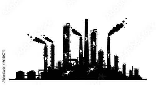 Cracked industrial oil refinery complex emitting smoke, symbolizing pollution and environmental damage.