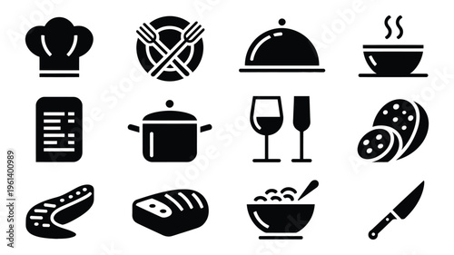 Restaurant food and drink icons set, kitchen and dining symbols including chef hat, utensils, plate, wine glass, bread, and covered dishes, culinary and hospitality concept, modern flat vector 