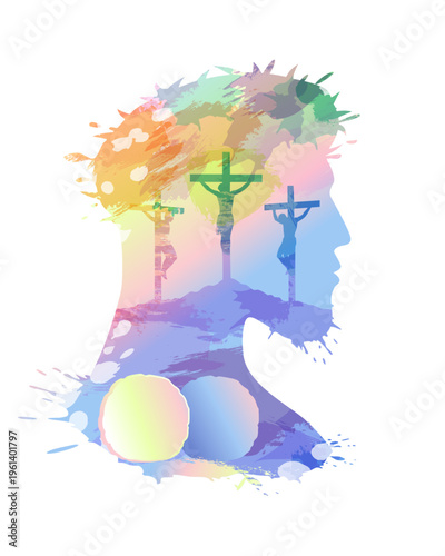 He is risen, tomb and three crosses on the portrait of Jesus Christ. Watercolor design of Christ for Holy Week or Easter invitation with Calvary and rolled away stone from the tomb. Vector card