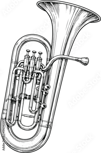 Euphonium Black and White Line Drawing – Musical Instrument Illustration