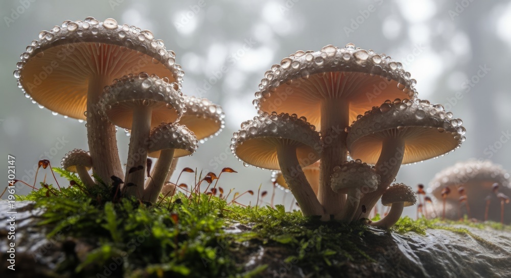 Fototapeta premium Glistening mushrooms with dew in misty forest setting