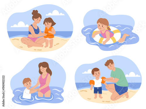 Kids water safety rules set. Flat vector illustration of family scenes at beach and pool. Child with life jacket, arm floaties, lifebuoy and parent supervision for secure swim education.
