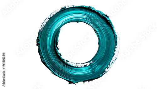 Teal-painted brushstroke of a circular design, isolated on a stark black background