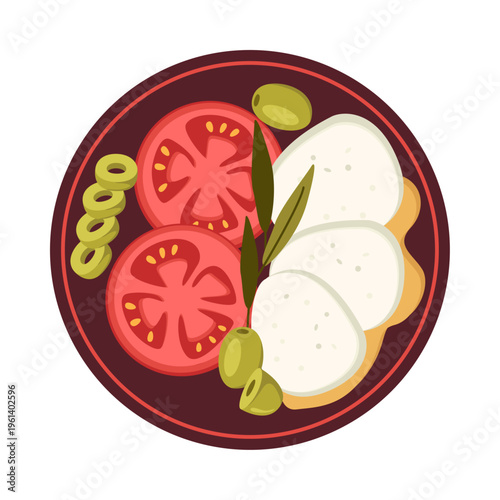 Caprese salad plate with mozzarella, tomatoes, olives and herbs. Healthy food. 