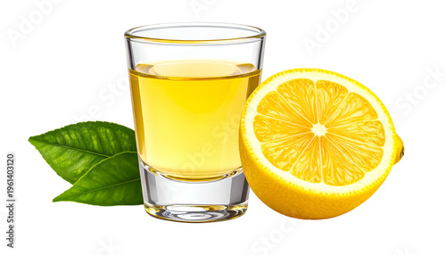 A glass of golden liquid with a halved lemon and green leaves against a black background