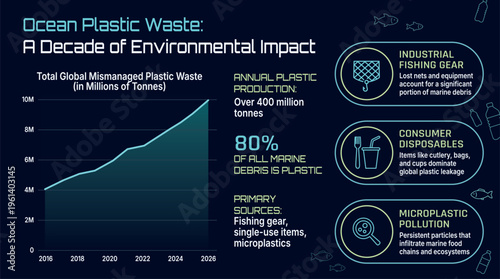 Infographic about ocean plastic waste showing global trends, sources, and environmental impact with charts, icons, and statistics on marine pollution and plastic debris.