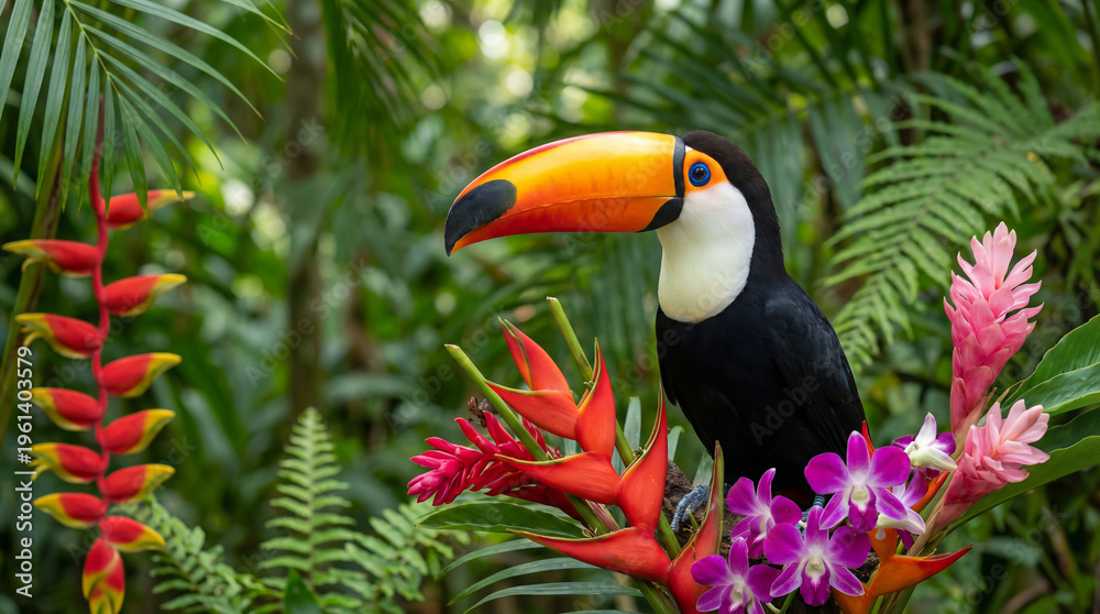 Naklejka premium Toucan with Tropical Flowers on Mossy Branch in Rainforest