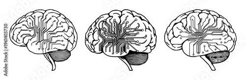 Brain set with intricate circuit board lines and electronic schematic details featuring neuron, electrical, schematic with metal and cybernetic