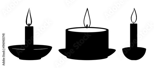 Candles set with single candle silhouette in holder featuring candle, holder, silhouette with black and white and decorative and ornamental
